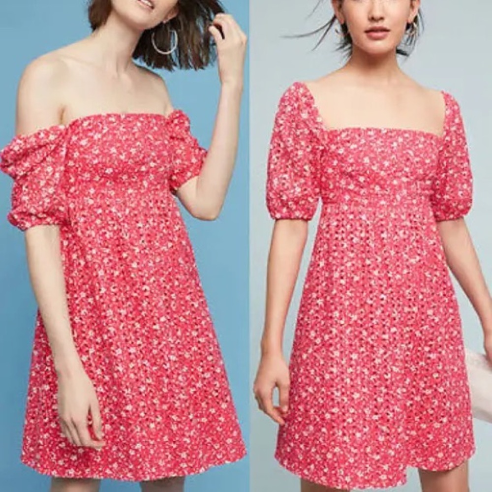 Anthropologie Maeve Off Shoulder Floral Eyelet Dress Punk Red Size 4